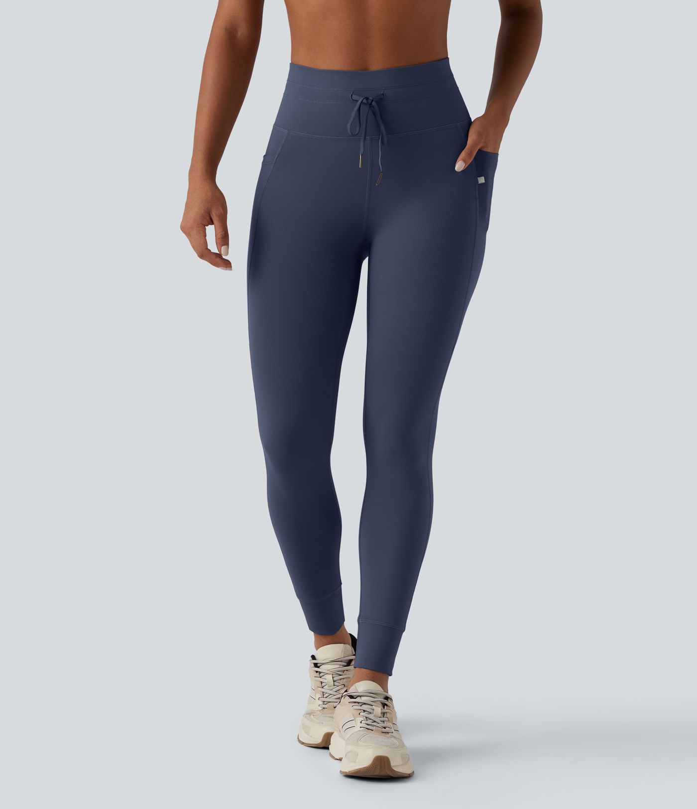 High Waisted Drawstring Plain Yoga 7/8 Leggings with Pockets