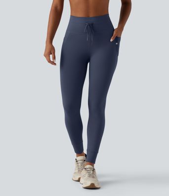 High Waisted Drawstring Plain Yoga 7/8 Leggings with Pockets