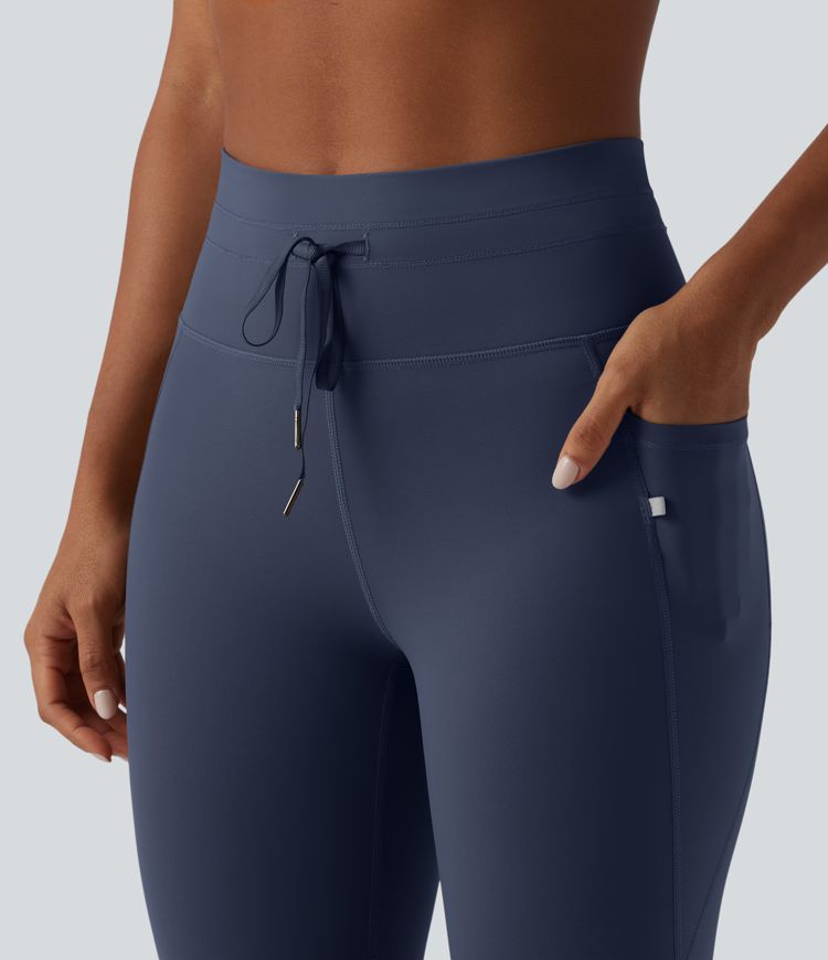 High Waisted Drawstring Plain Yoga 7/8 Leggings with Pockets