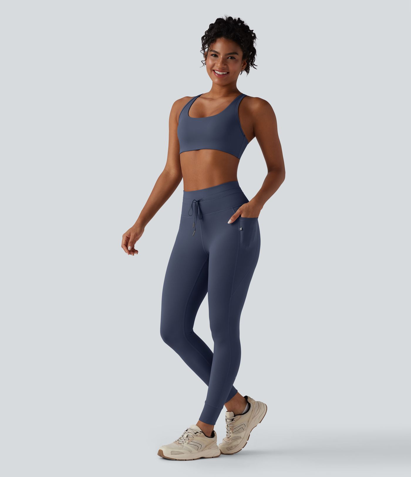 High Waisted Drawstring Plain Yoga 7/8 Leggings with Pockets