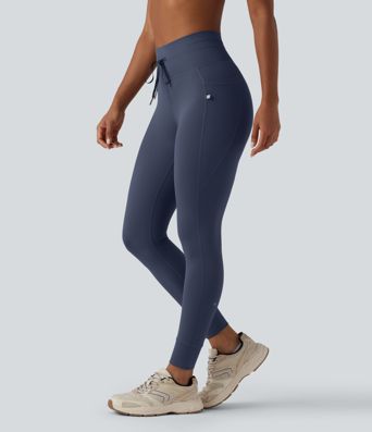 High Waisted Drawstring Plain Yoga 7/8 Leggings with Pockets