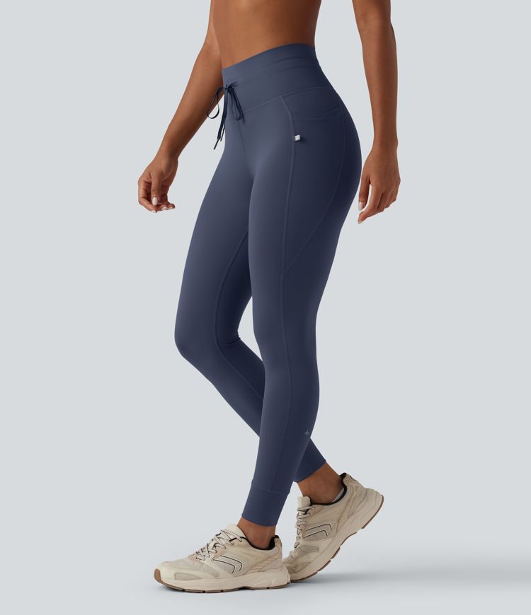 High Waisted Drawstring Plain Yoga 7/8 Leggings with Pockets