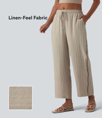 Pantalon droit taille mi-haute aspect lin avec cordon de serrage et poches Pantalon droit taille mi-haute aspect lin avec cordon de serrage et poches