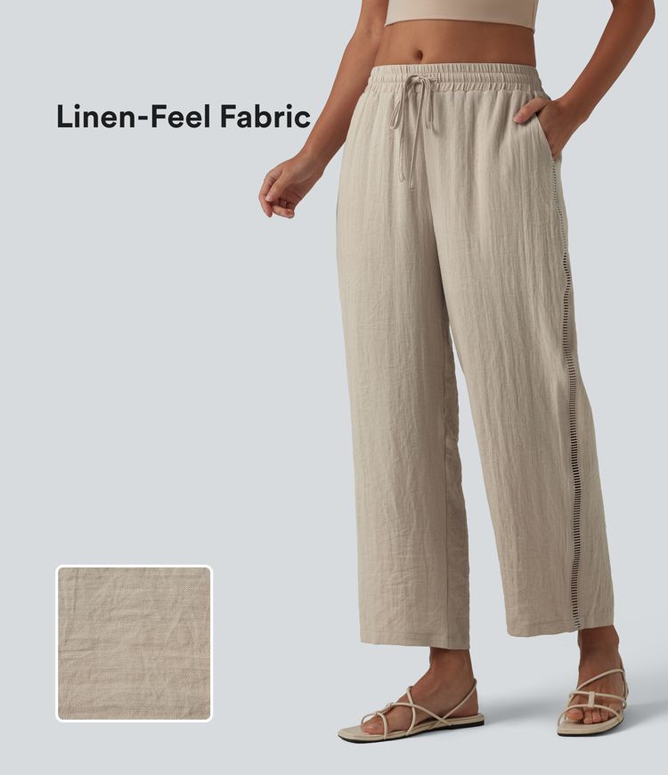 Pantalon droit taille mi-haute aspect lin avec cordon de serrage et poches Pantalon droit taille mi-haute aspect lin avec cordon de serrage et poches
