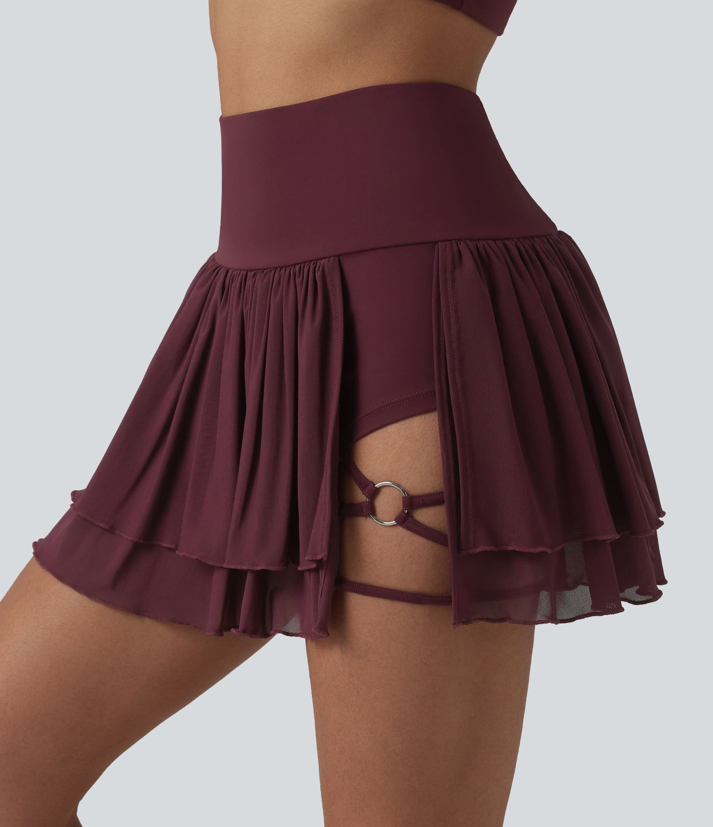 2-in-1 Tanz-Minirock mit hohem Bund, Seitentasche, atmungsaktivem Mesh und Stufensaum