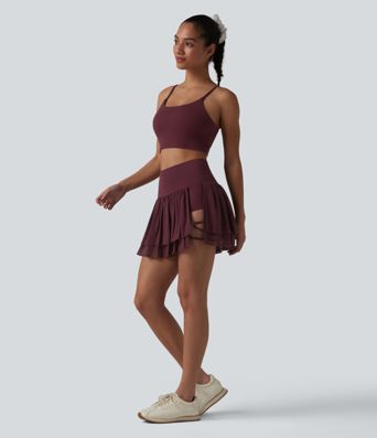 2-in-1 Tanz-Minirock mit hohem Bund, Seitentasche, atmungsaktivem Mesh und Stufensaum