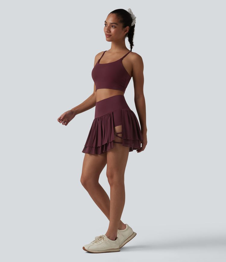 2-in-1 Tanz-Minirock mit hohem Bund, Seitentasche, atmungsaktivem Mesh und Stufensaum