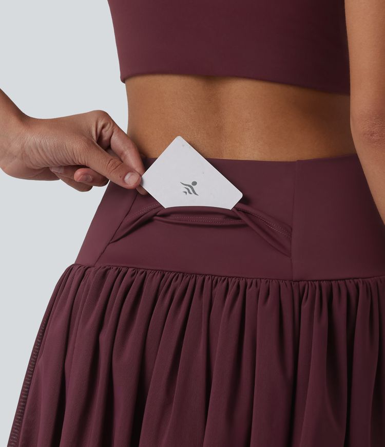 2-in-1 Tanz-Minirock mit hohem Bund, Seitentasche, atmungsaktivem Mesh und Stufensaum