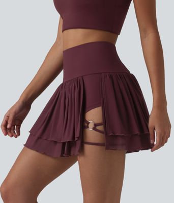 2-in-1 Tanz-Minirock mit hohem Bund, Seitentasche, atmungsaktivem Mesh und Stufensaum