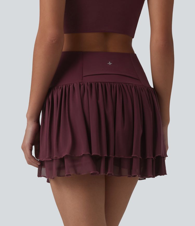 2-in-1 Tanz-Minirock mit hohem Bund, Seitentasche, atmungsaktivem Mesh und Stufensaum