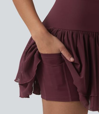 2-in-1 Tanz-Minirock mit hohem Bund, Seitentasche, atmungsaktivem Mesh und Stufensaum