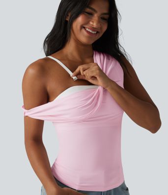 Lässiges, ärmelloses Top aus Baumwolle mit Wasserfallausschnitt und integriertem BH - B-DD Cups