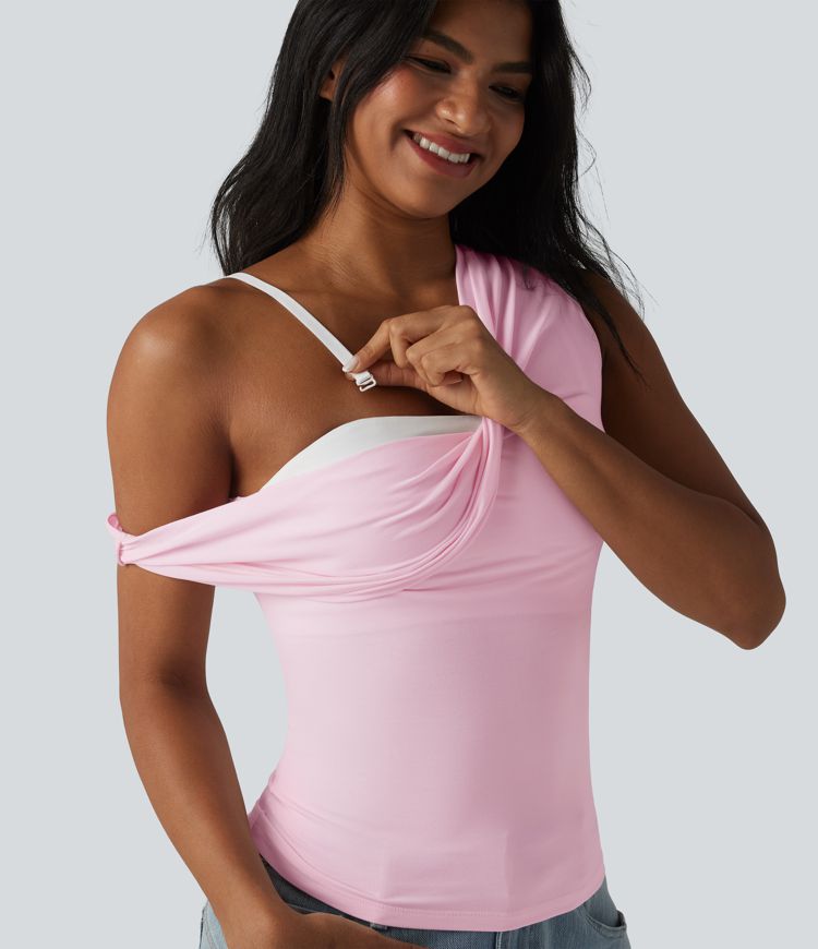 Lässiges, ärmelloses Top aus Baumwolle mit Wasserfallausschnitt und integriertem BH - B-DD Cups