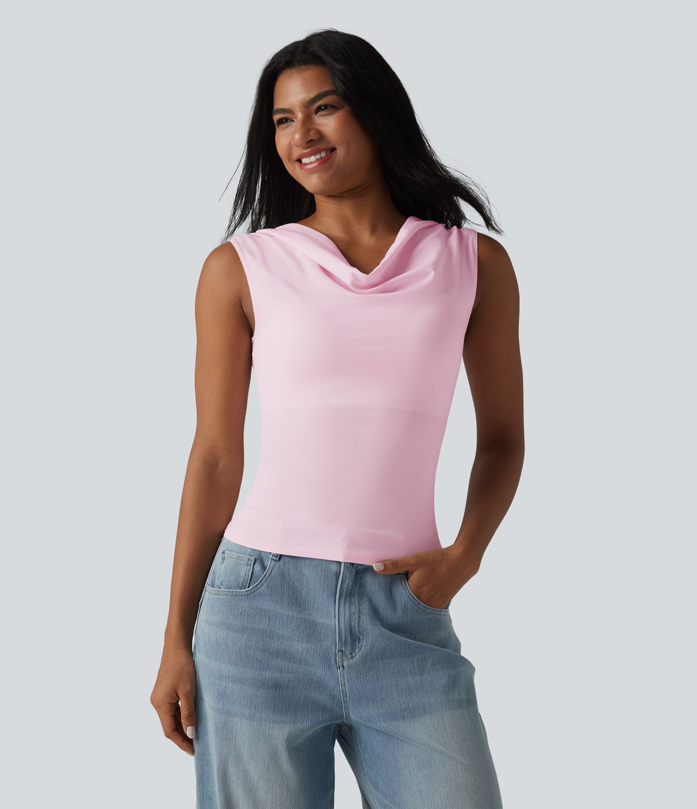 Lässiges, ärmelloses Top aus Baumwolle mit Wasserfallausschnitt und integriertem BH - B-DD Cups