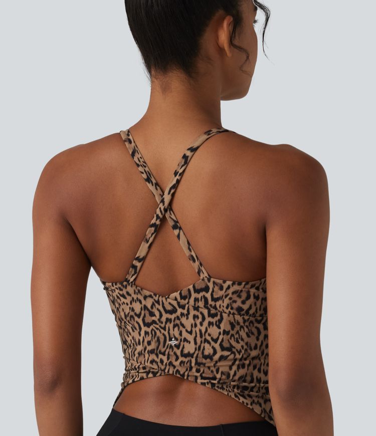 Halara UltraSculpt™ Leopard Print Scoop Neck Built-in Bra Crossover Hem Yoga Tank Top