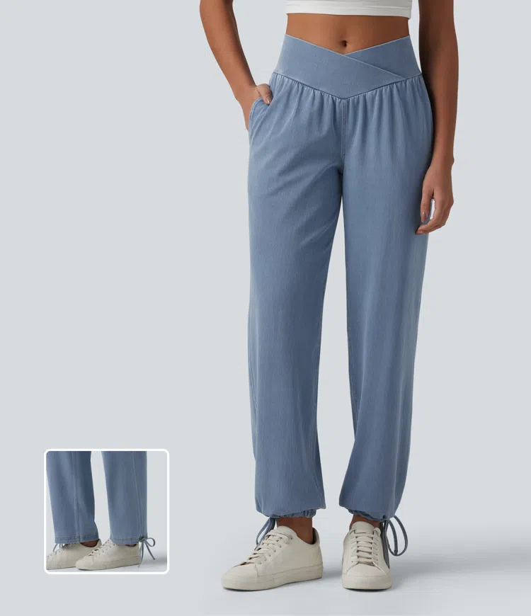 Halara Flex™ Mid Rise Crossover Drawstring Denim Casual Joggers with Pockets