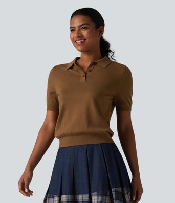 Polo Neck Short Sleeve Wool-Blend Casual Sweater