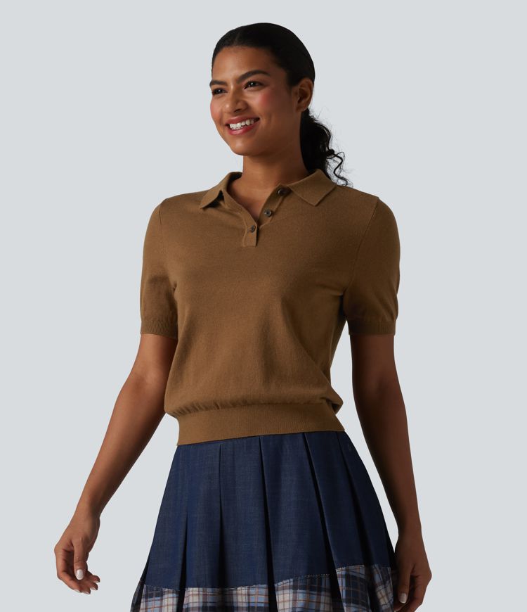 Polo Neck Short Sleeve Wool-Blend Casual Sweater