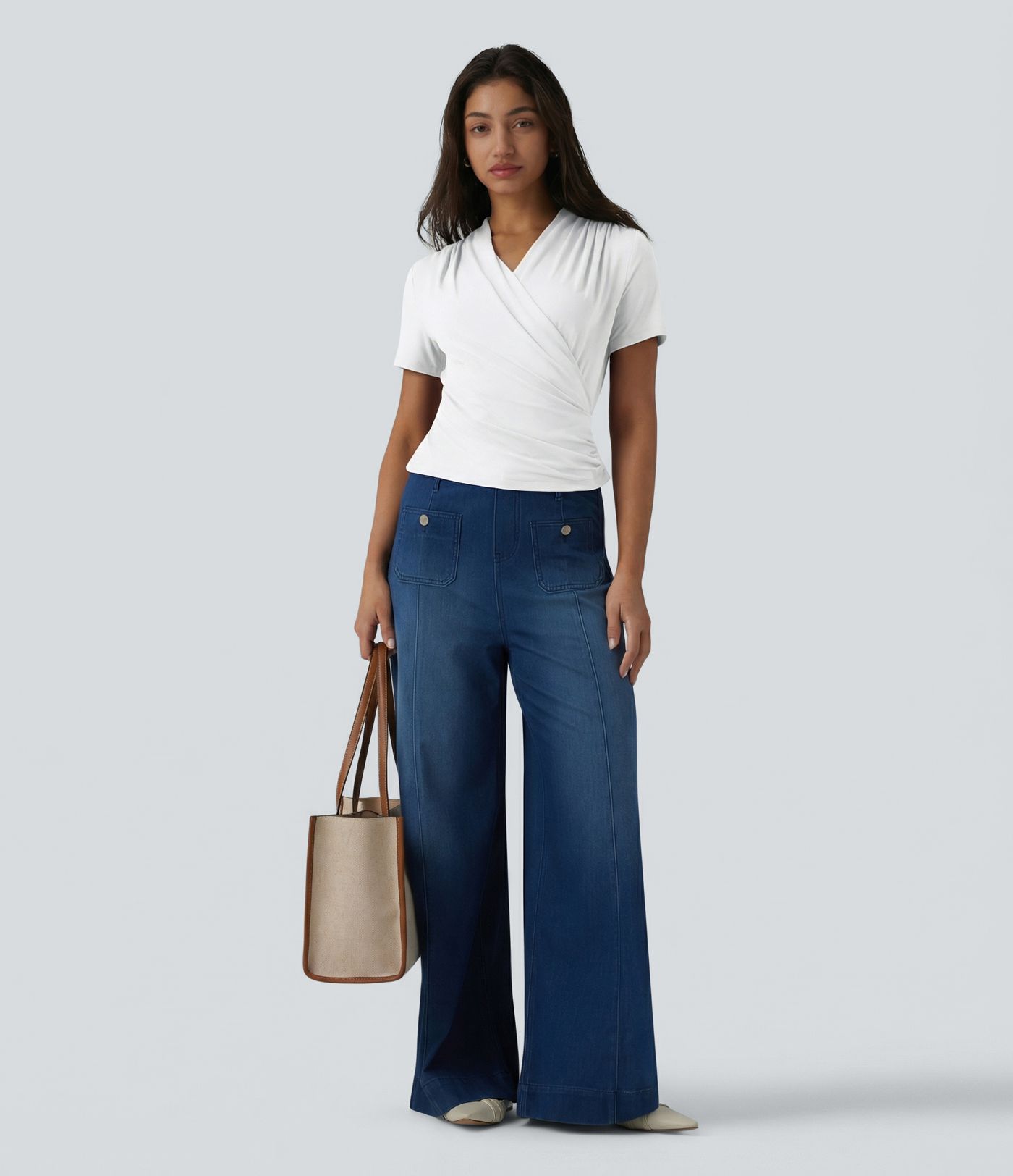 V Neck Short Sleeve Work Blouse