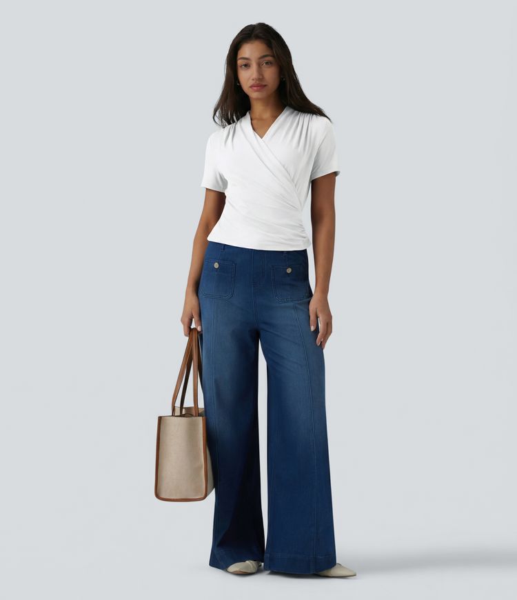 V Neck Short Sleeve Work Blouse