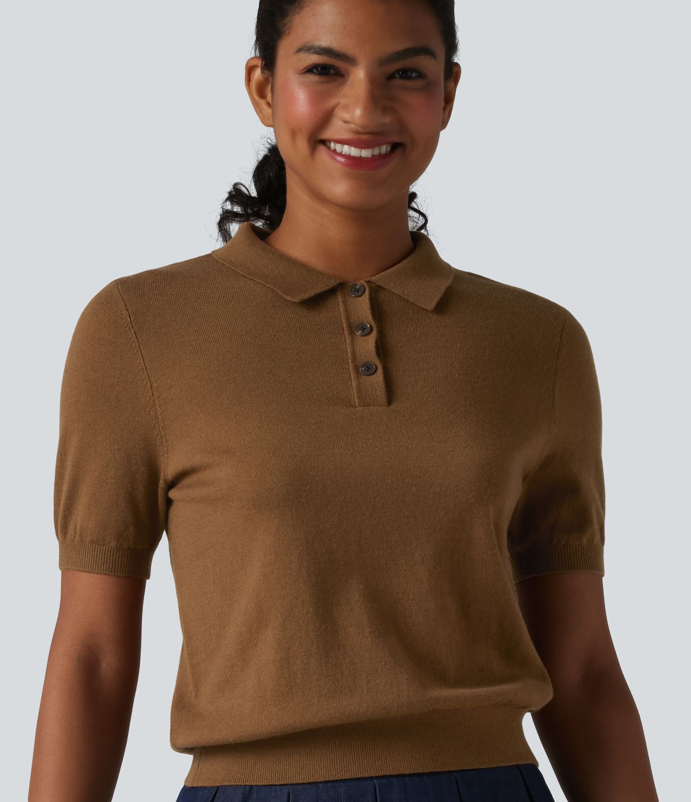 Polo Neck Short Sleeve Wool-Blend Casual Sweater