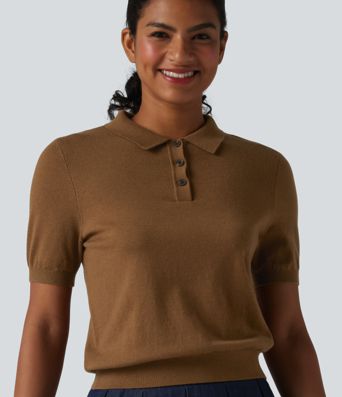 Polo Neck Short Sleeve Wool-Blend Casual Sweater