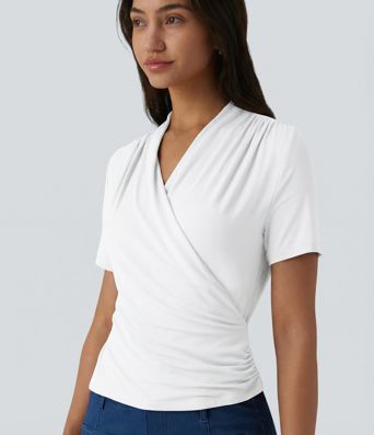 V Neck Short Sleeve Work Blouse