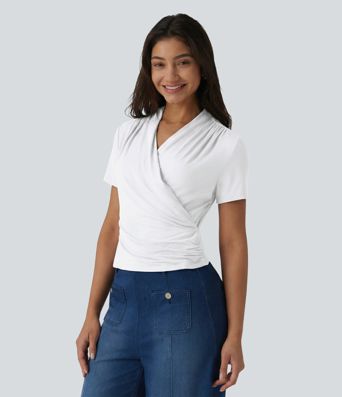 V Neck Short Sleeve Work Blouse