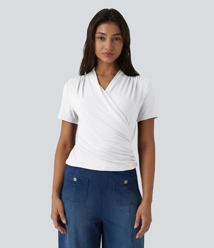 V Neck Short Sleeve Work Blouse