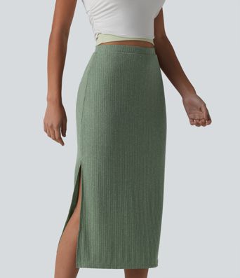 Ribbed Knit High Waisted Bodycon Midi Casual Linen-Blend Skirt