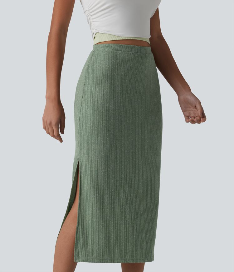 Ribbed Knit High Waisted Bodycon Midi Casual Linen-Blend Skirt