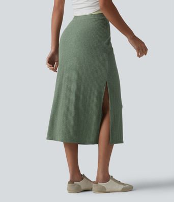 Ribbed Knit High Waisted Bodycon Midi Casual Linen-Blend Skirt