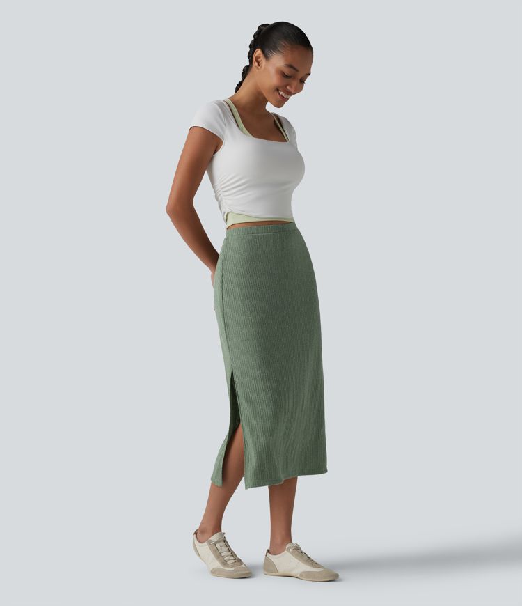 Ribbed Knit High Waisted Bodycon Midi Casual Linen-Blend Skirt