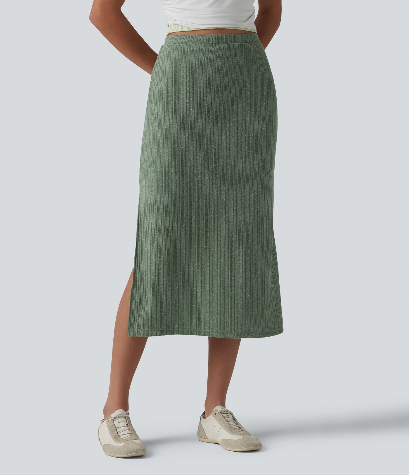 Ribbed Knit High Waisted Bodycon Midi Casual Linen-Blend Skirt