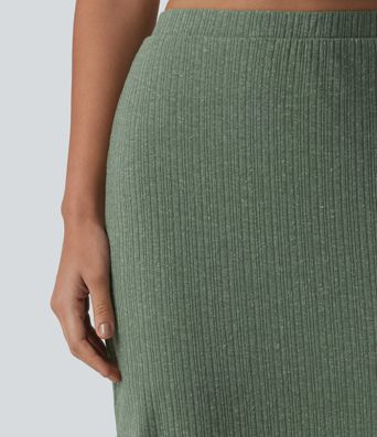 Ribbed Knit High Waisted Bodycon Midi Casual Linen-Blend Skirt