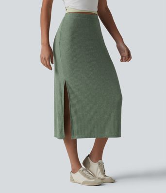 Ribbed Knit High Waisted Bodycon Midi Casual Linen-Blend Skirt