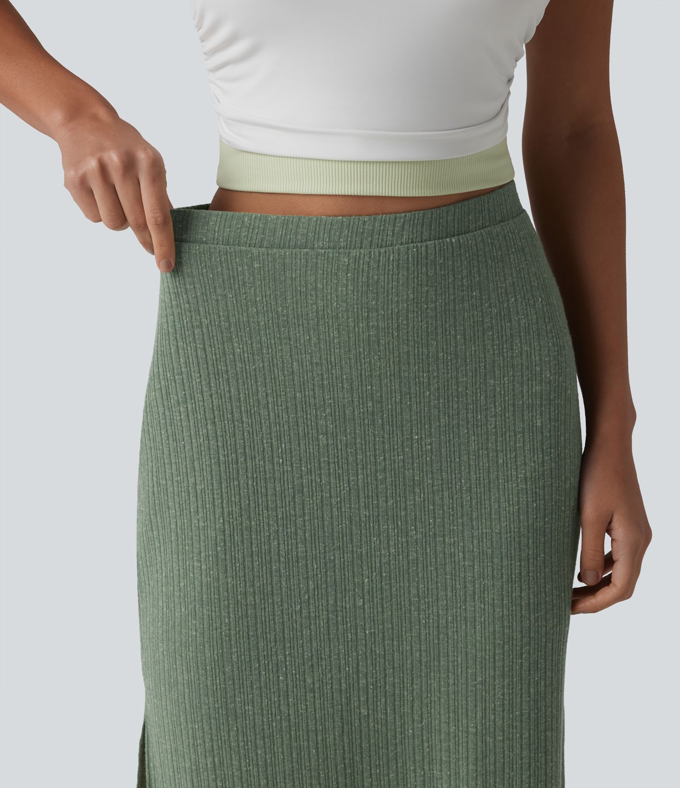 Ribbed Knit High Waisted Bodycon Midi Casual Linen-Blend Skirt