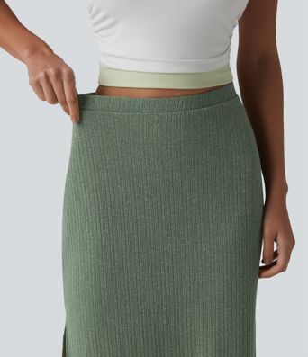 Ribbed Knit High Waisted Bodycon Midi Casual Linen-Blend Skirt