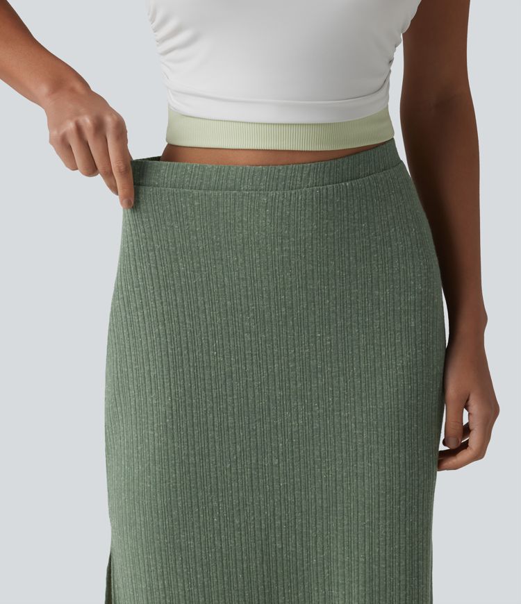 Ribbed Knit High Waisted Bodycon Midi Casual Linen-Blend Skirt