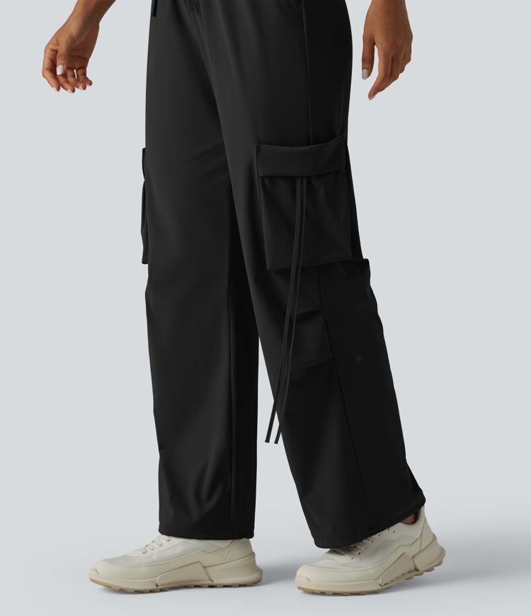 High Waisted Drawstring Wide Leg Quick Dry Cool Touch Workout Cargo Pants with Pockets-UPF40+