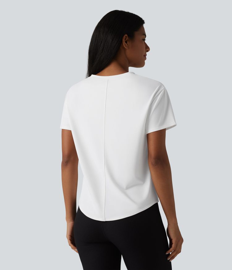 Round Neck Short Sleeve Built-in Bra Curved Hem Casual T-Shirt