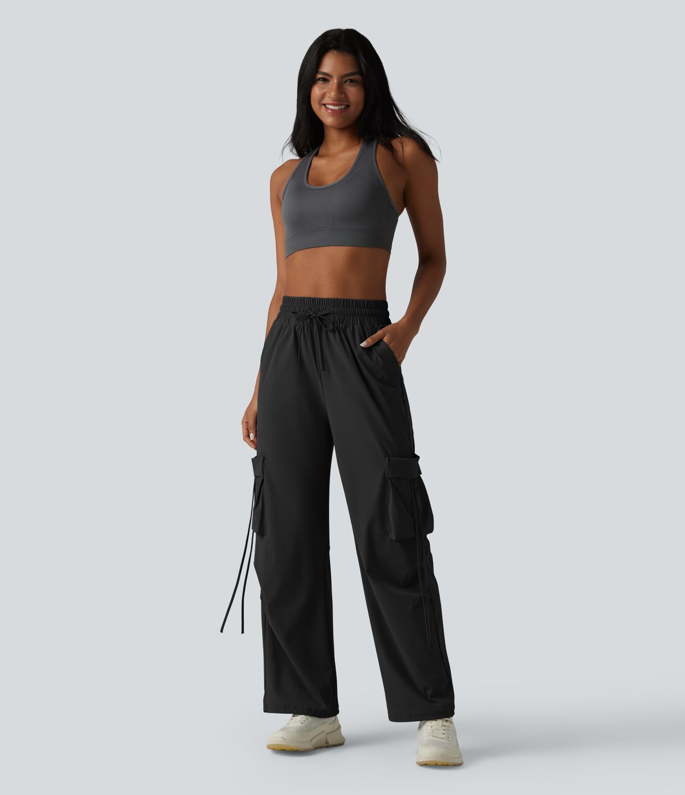 High Waisted Drawstring Wide Leg Quick Dry Cool Touch Workout Cargo Pants with Pockets-UPF40+