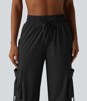 High Waisted Drawstring Wide Leg Quick Dry Cool Touch Workout Cargo Pants with Pockets-UPF40+
