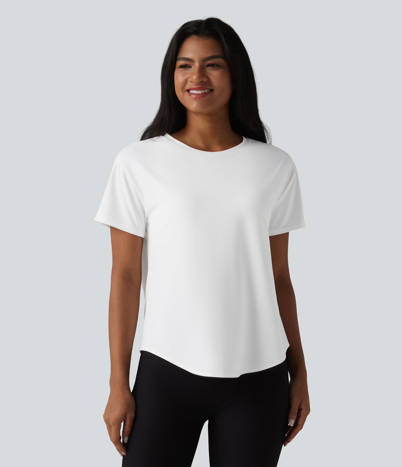 Round Neck Short Sleeve Built-in Bra Curved Hem Casual T-Shirt