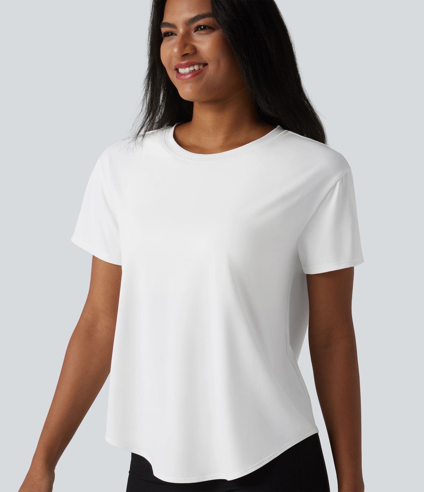Round Neck Short Sleeve Built-in Bra Curved Hem Casual T-Shirt