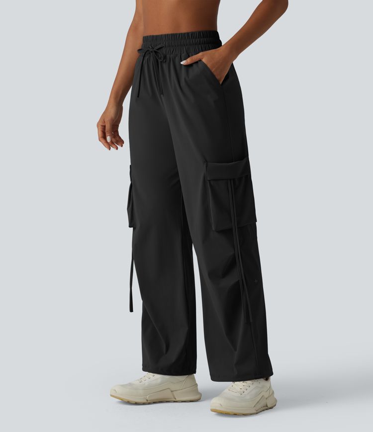 High Waisted Drawstring Wide Leg Quick Dry Cool Touch Workout Cargo Pants with Pockets-UPF40+