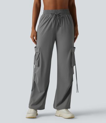 Workout-Cargohose mit hohem Bund, mehreren Taschen, Kordelzug, Cool-Touch und weitem Bein - schnelltrocknend, UPF40+