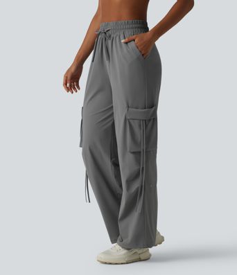 Workout-Cargohose mit hohem Bund, mehreren Taschen, Kordelzug, Cool-Touch und weitem Bein - schnelltrocknend, UPF40+