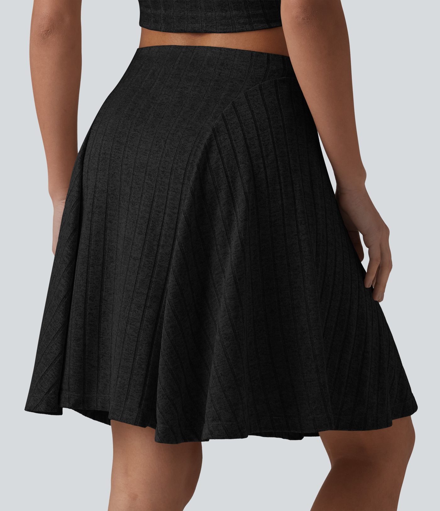 Ribbed Knit High Waisted 2-in-1 Mini Casual Flare Skirt with Pockets