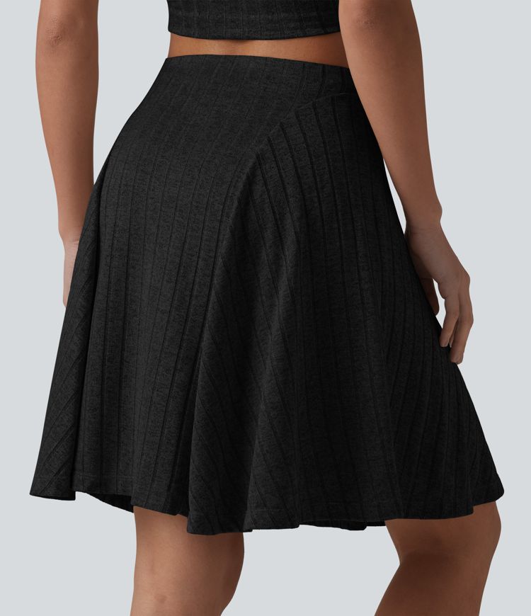 Ribbed Knit High Waisted 2-in-1 Mini Casual Flare Skirt with Pockets